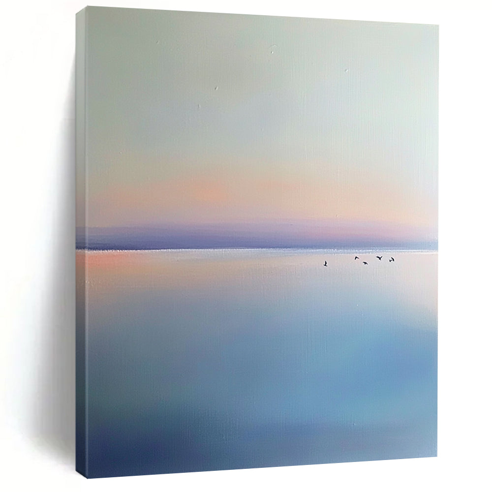 Contemporary hand-painted abstract artwork featuring a light blue and purple sky, birds, calm horizon, and serene beach in a minimalist style. DLZ0648