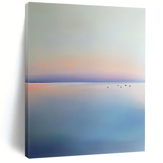 Contemporary hand-painted abstract artwork featuring a light blue and purple sky, birds, calm horizon, and serene beach in a minimalist style. DLZ0648