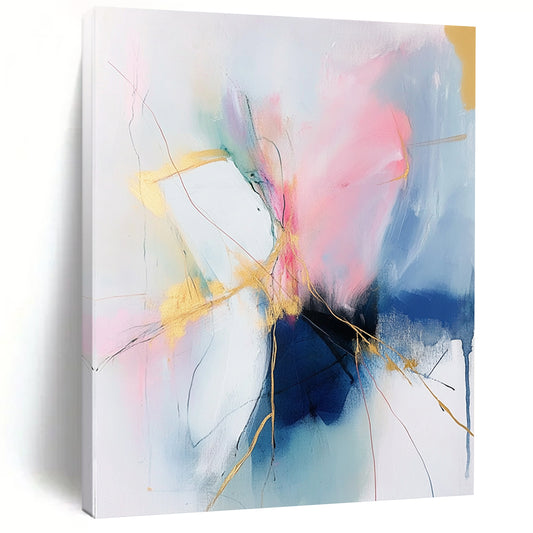 Large contemporary hand-painted abstract art featuring soft pink and blue tones with gold accents on a white background, creating an atmospheric and fluid composition. DLZ0806