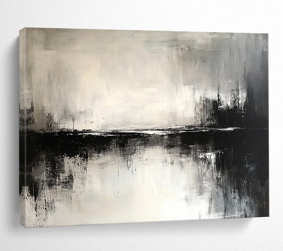 “Abstract Black - White Water Reflection” - Black, White, Reflective Textures Painting On Canvas HB0798