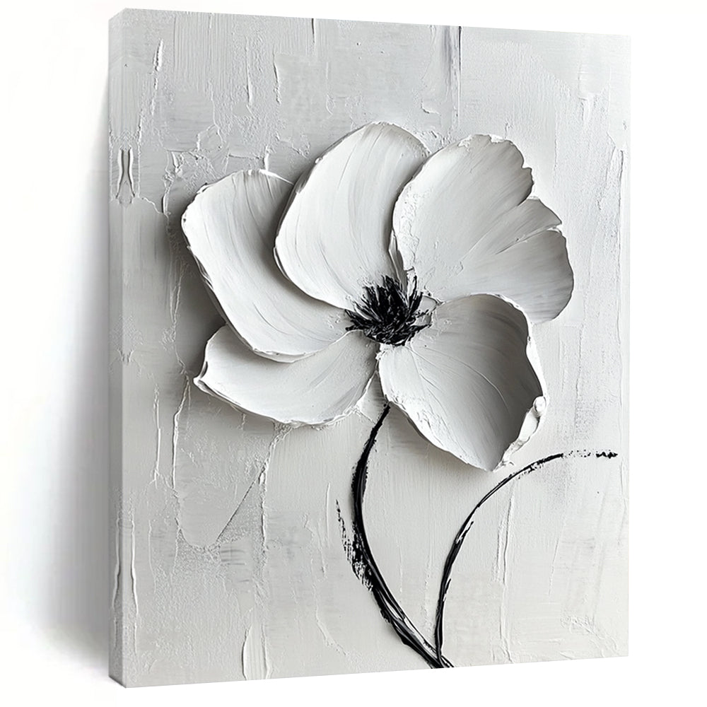 Contemporary large abstract painting featuring a white flower with textured lines and gentle lighting on a pure white background. DLZ1741