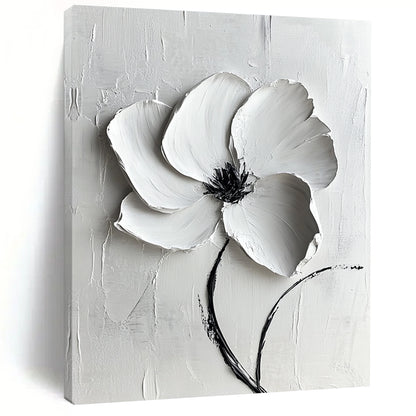 Contemporary large abstract painting featuring a white flower with textured lines and gentle lighting on a pure white background. DLZ1741