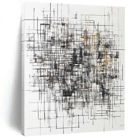 Black, White, Gray, Gold, Grid of Lines "Gilded Matrix" Abstract Minimalist Painting On Canvas HB125