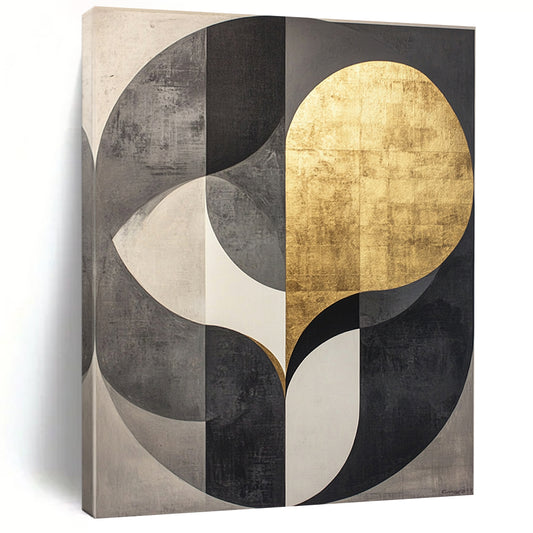 Black, Gray, White, Gold, Intertwined Circles "Gilded Unity" Abstract Cubist - Inspired Painting On Canvas HB117