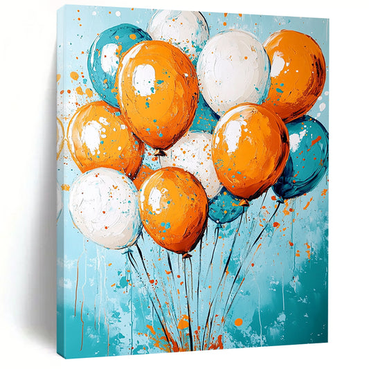 Contemporary abstract artwork featuring vibrant orange and teal colors, joyfully celebrating with floating balloons and dynamic paint splashes. DLZ0279