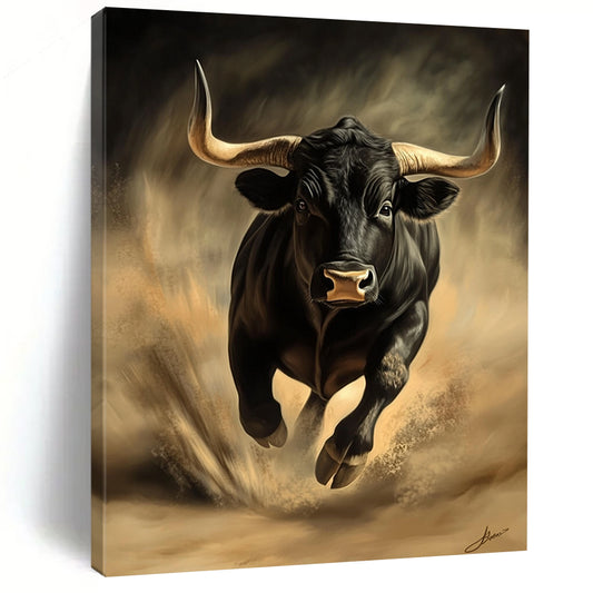 Vibrant contemporary abstract art featuring a dynamic black bull evoking energy and movement in a stunning digital painting style. DLZ1555