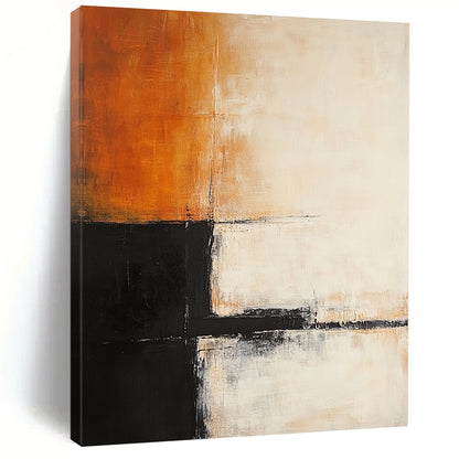 Contemporary abstract painting features soft orange, white, and black layers with architectural-like dark lines, creating depth in a minimalist style. DLZ1043