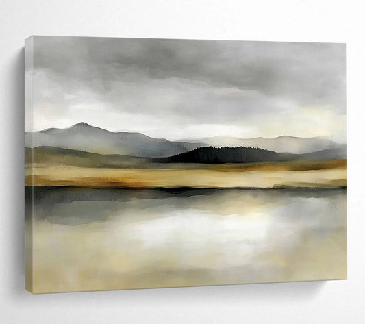 “Misty Mountain Lake” - Gray, Beige, Green, Layered Mountains and Reflective Lake Painting On Canvas HB0916