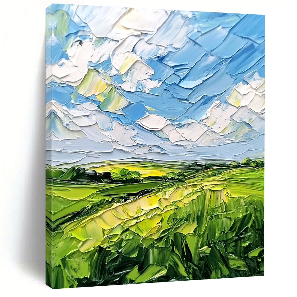 Contemporary abstract artwork featuring lush green fields and a vibrant blue sky with clouds, textured with bold impasto strokes. DLZ0484