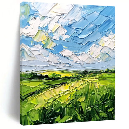 Contemporary abstract artwork featuring lush green fields and a vibrant blue sky with clouds, textured with bold impasto strokes. DLZ0484