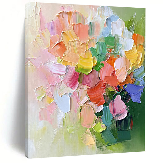 Contemporary abstract artwork featuring a vibrant pink flower bouquet with green leaves and delicate accents in a cheerful pastel palette. DLZ0480