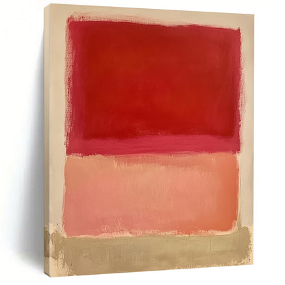 Large contemporary hand-painted abstract art featuring a red square pink rectangle and peach shape on a white background. Soft edges and flat appearance. DLZ1387