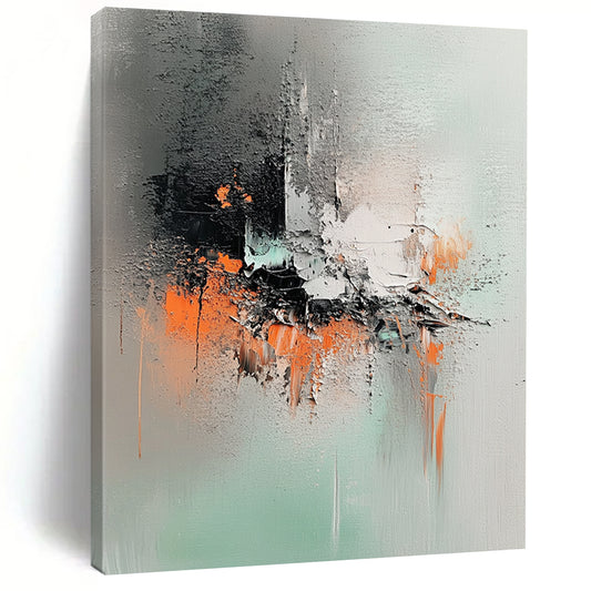 Contemporary abstract artwork features mint green, gray tones, and ink splash effects with a palette knife technique on canvas. DLZ1046