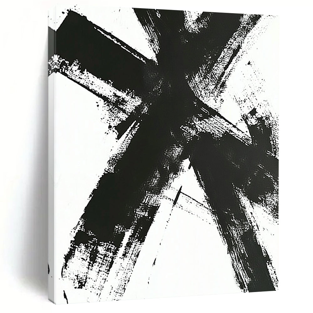Contemporary large hand-painted abstract artwork featuring a black and white cross with dynamic intersecting lines and expressive brush strokes. DLZ1539