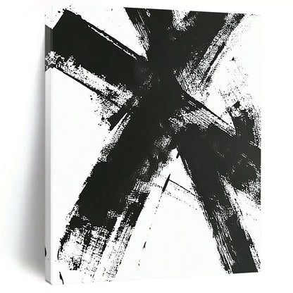 Contemporary large hand-painted abstract artwork featuring a black and white cross with dynamic intersecting lines and expressive brush strokes. DLZ1539