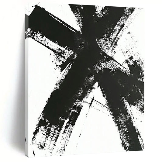 Contemporary large hand-painted abstract artwork featuring a black and white cross with dynamic intersecting lines and expressive brush strokes. DLZ1539