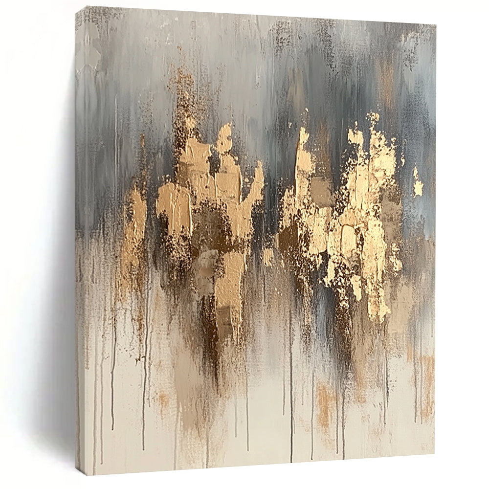 Contemporary hand-painted abstract artwork features neutral tones with gold accents and dynamic paint splashes for a refined aesthetic. DLZ1076