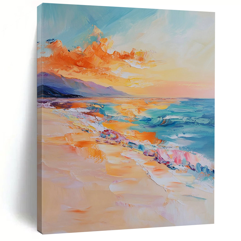 Contemporary abstract oil painting of the sea featuring golden sunset light vibrant orange and blue tones and detailed brushstrokes conveying tranquility and calmness DLZ1120