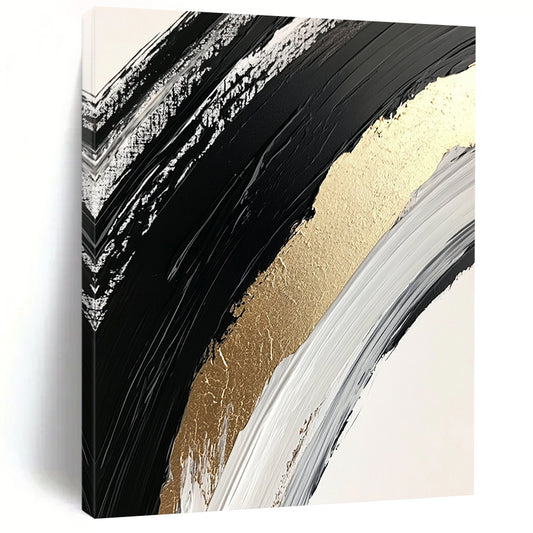 Black, White and Gold Curved Brushstrokes "Elegant Arc" Painting On Canvas HB321