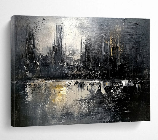 “Monochrome Cityscape Reflection” - Black, White, Gold, Abstract City Reflection HB1129