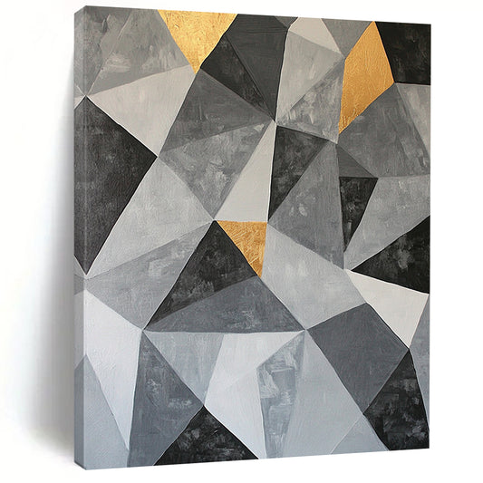Gray, Black, White and Gold Geometric Triangles "Subtle Symmetry" Painting On Canvas HB364