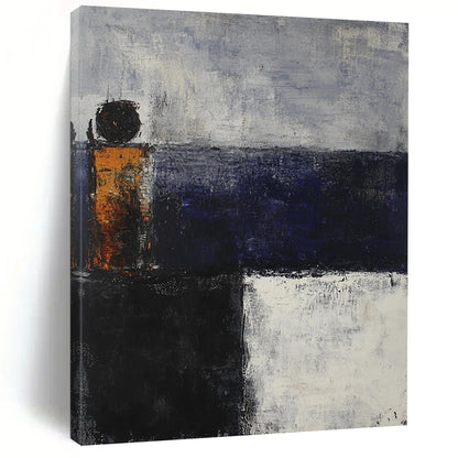 Contemporary hand-painted abstract artwork depicting an evening sea in dark blue and gray tones with rusted metal elements. DLZ0577