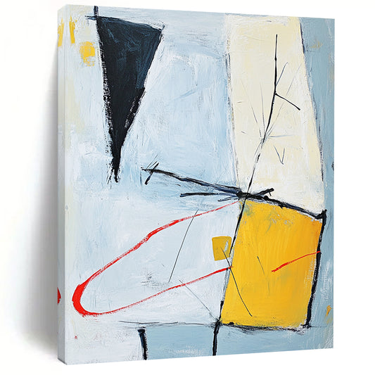 Contemporary hand-painted abstract artwork featuring light blue gray and yellow shapes connected by red curves on an off-white background within a square format. DLZ1021