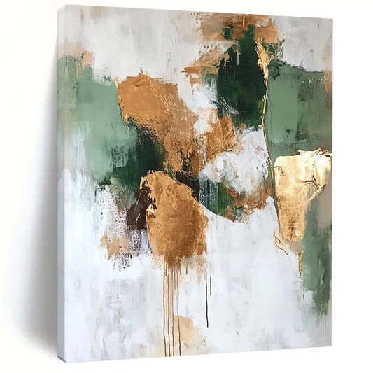 Contemporary abstract artwork features neutral greens and browns with gold foil accents on a white background, perfect for modern decor. DLZ0681