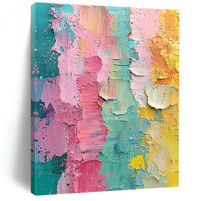 Contemporary hand-painted abstract artwork featuring vibrant pink green yellow and teal layers with textured brushstrokes and the word blessed at its center. DLZ1248