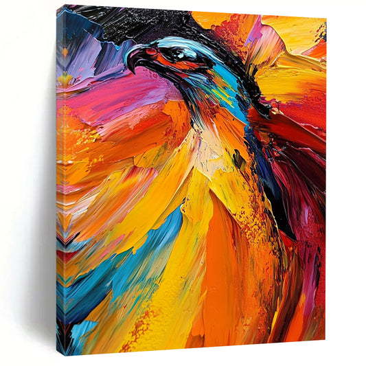Vibrant contemporary abstract painting featuring an eagle with dynamic brushstrokes bold colors and warm tones creating an energetic mood on canvas. DLZ0575