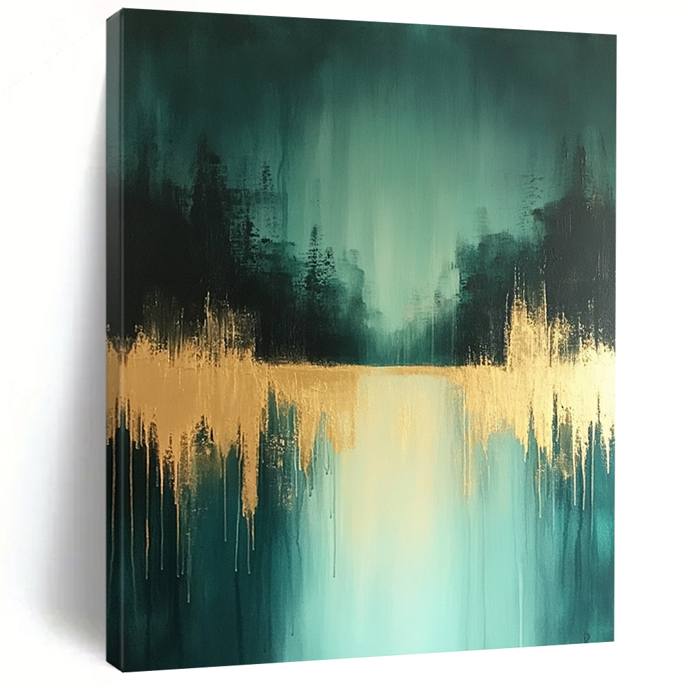 Contemporary abstract art features teal and gold shades with distant trees and a wet-on-water effect creating a serene low-contrast atmosphere. DLZ0771