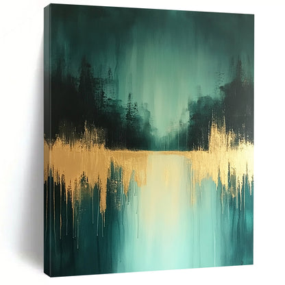 Contemporary abstract art features teal and gold shades with distant trees and a wet-on-water effect creating a serene low-contrast atmosphere. DLZ0771