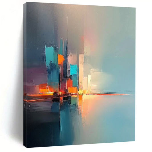 Contemporary hand-painted abstract artwork featuring a light teal and amber color scheme with soft tones and reflections designed for modern interiors. DLZ0372