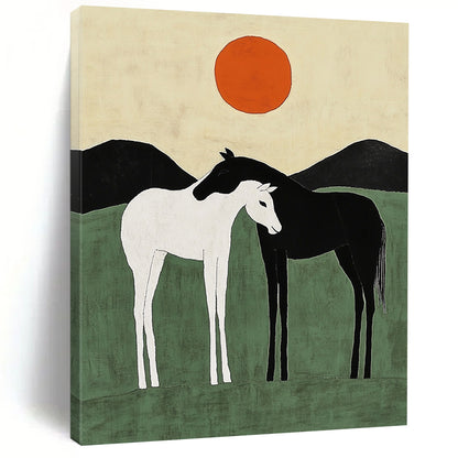Contemporary abstract art featuring two minimalist horses against green hills with orange suns, capturing harmony through simple shapes and lines. DLZ1141