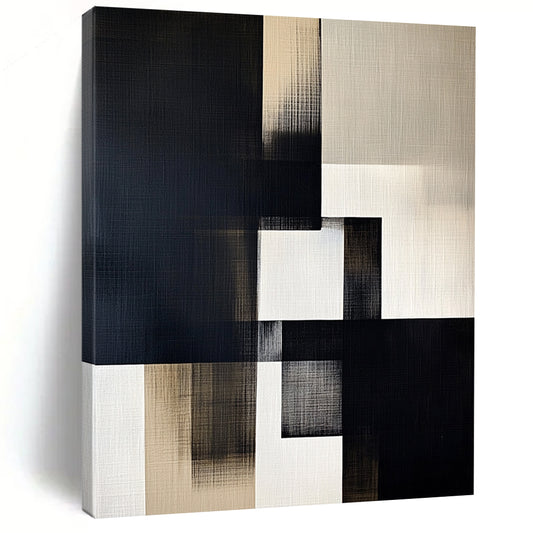 Contemporary hand-painted abstract artwork featuring black, white, and gray geometric shapes on off-white linen with illuminated highlights. DLZ1307