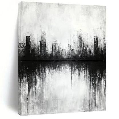 Contemporary abstract artwork featuring a cityscape with lake reflections soft focus and neutral tones creating a tranquil and contemplative atmosphere. DLZ0301