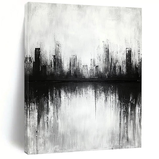 Contemporary abstract artwork featuring a cityscape with lake reflections soft focus and neutral tones creating a tranquil and contemplative atmosphere. DLZ0301