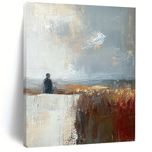 Contemporary abstract painting featuring muted brown grey and blue landscape under a large white sky creating a detailed and moody atmosphere. DLZ0487