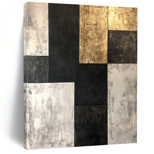 Black, White, Gold, Geometric Blocks "Gilded Monochrome Blocks" Abstract Geometric Painting On Canvas HB171