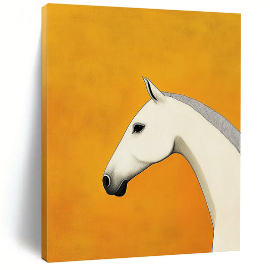 Contemporary hand-painted abstract art featuring a minimalist white horse design on a tranquil yellow background with clean lines and high-definition details. DLZ1513