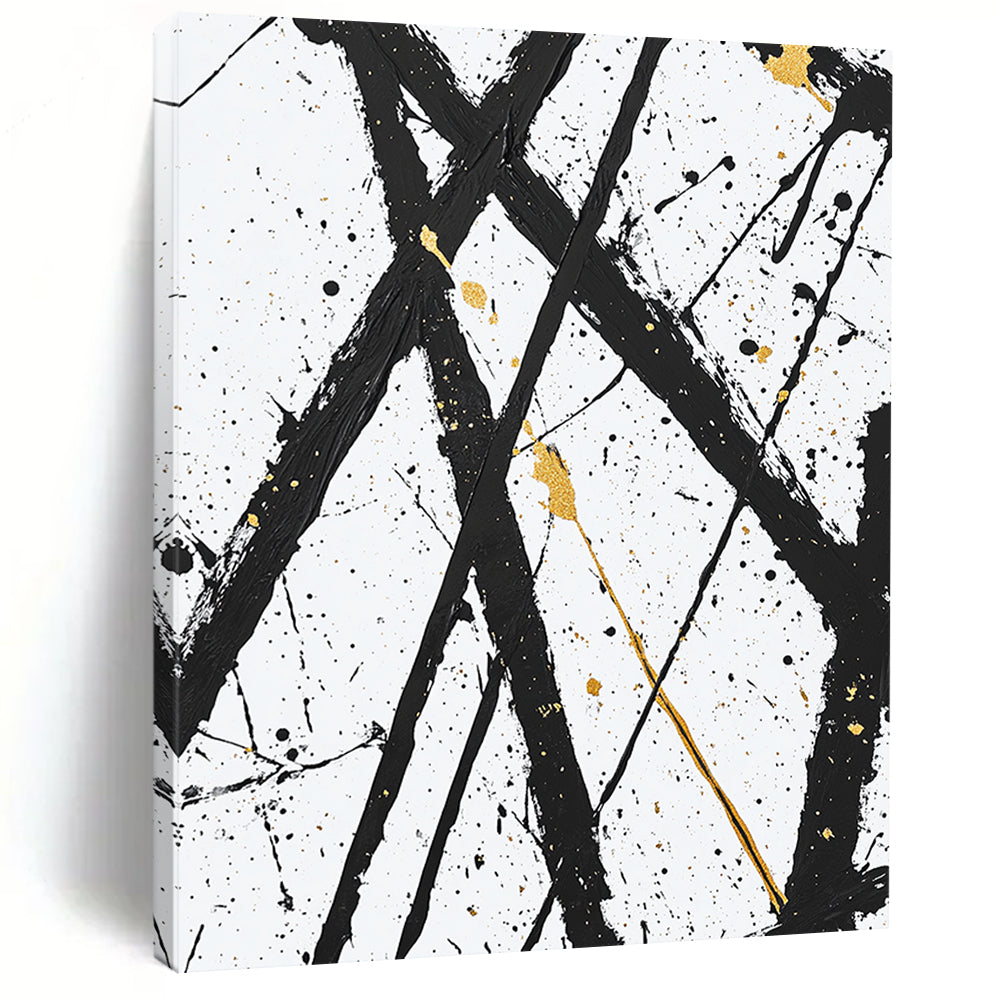 Black, White, Gold, Crossed Lines "Golden Intersection" Abstract Expressionist Painting On Canvas HB048