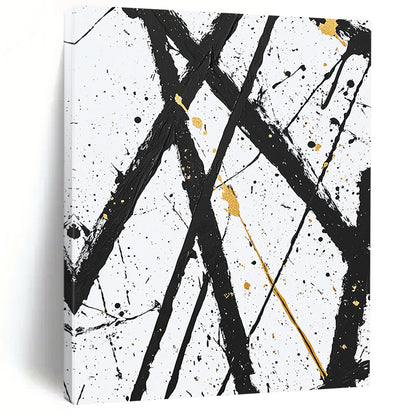 Black, White, Gold, Crossed Lines "Golden Intersection" Abstract Expressionist Painting On Canvas HB048