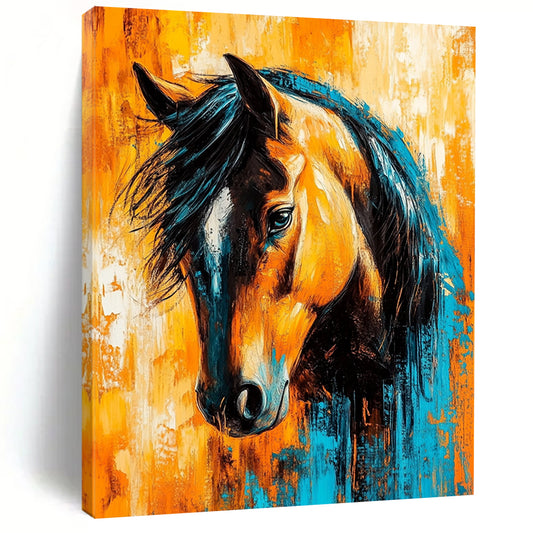 Contemporary hand-painted abstract art featuring a powerful horse portrait with dynamic brushstrokes and vivid colors on a striking orange and blue background. DLZ1584