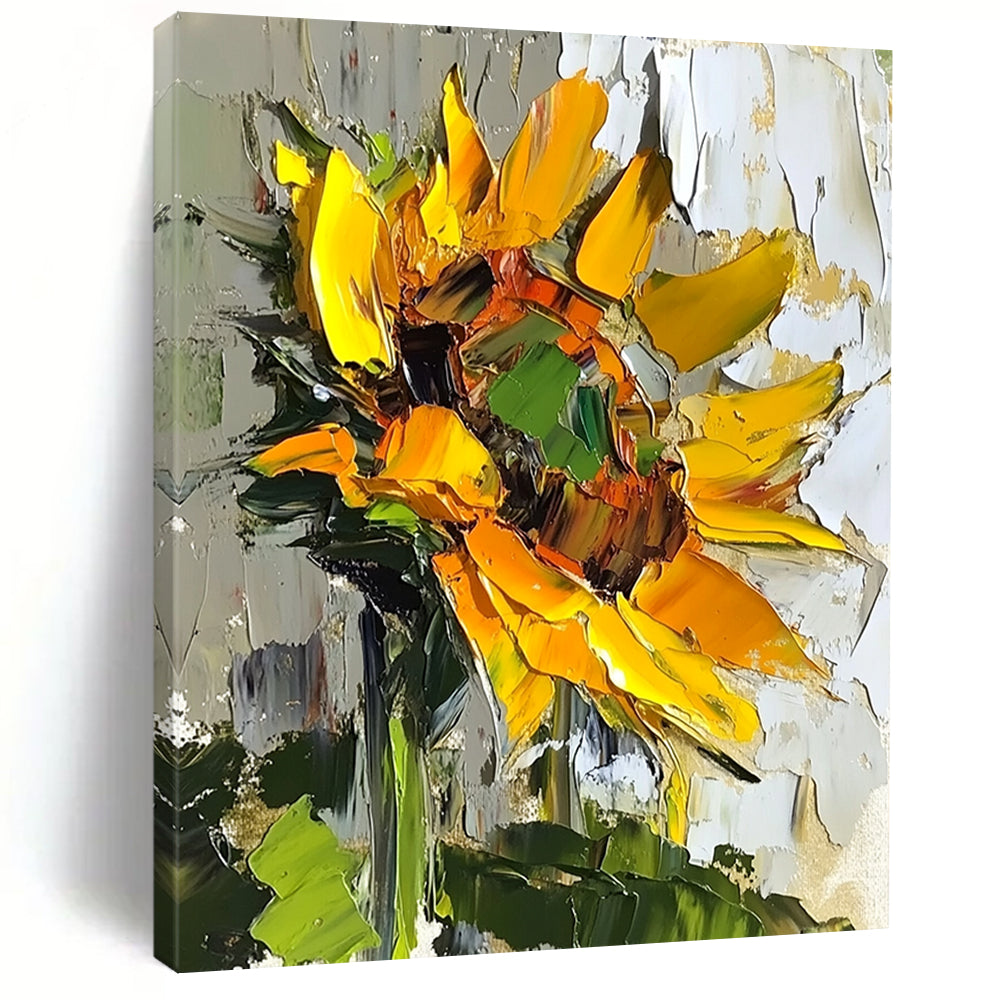 Vibrant abstract sunflower oil painting with bold brush strokes and textured surface in natural light against a soft green leaf backdrop. DLZ1664