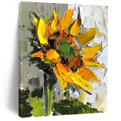 Vibrant abstract sunflower oil painting with bold brush strokes and textured surface in natural light against a soft green leaf backdrop. DLZ1664
