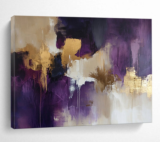 “Purple Gold Abstract” - Purple, Gold, Beige, White, Flowing Forms - Painting On Canvas HB1420