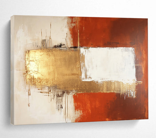 “Elegant Geometric Fusion in Orange, Gold, and White” - Orange, gold, white; Abstract geometric blocks; Acrylic Painting On Canvas HB1226