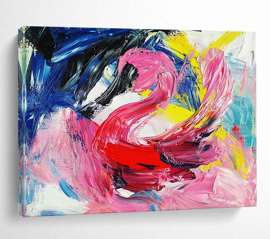 “Colorful Abstract Swan in Pink, Red, Blue, and Yellow” - Pink, red, blue, yellow; Abstract swan with colorful brushstrokes; Acrylic Painting On Canvas HB1234