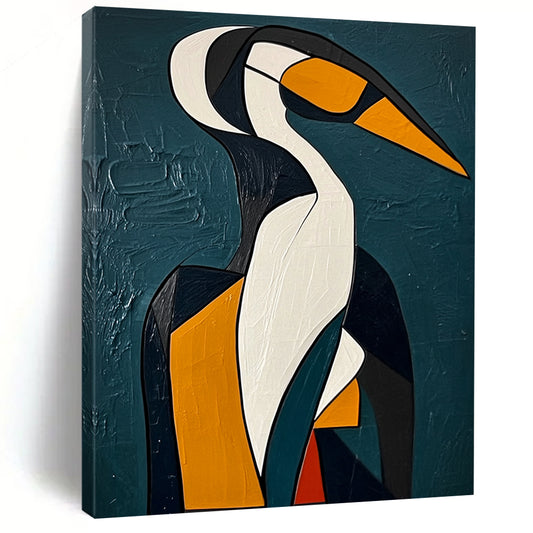 Contemporary abstract painting featuring a Cubist-inspired penguin with geometric woman amidst dark blue-green background and thick brushstrokes. DLZ1433