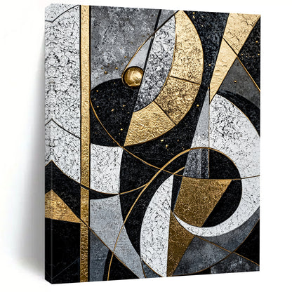 Black, White, Gray, Gold, Interlocking Arcs "Celestial Puzzle" Abstract Cosmic - Inspired Painting On Canvas HB075